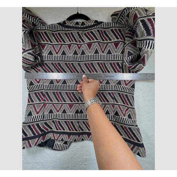 Tahari ASL Geometric Tribal Printed Black Red Tan Open Blazer Jacket Womens 10 - Picture 13 of 16